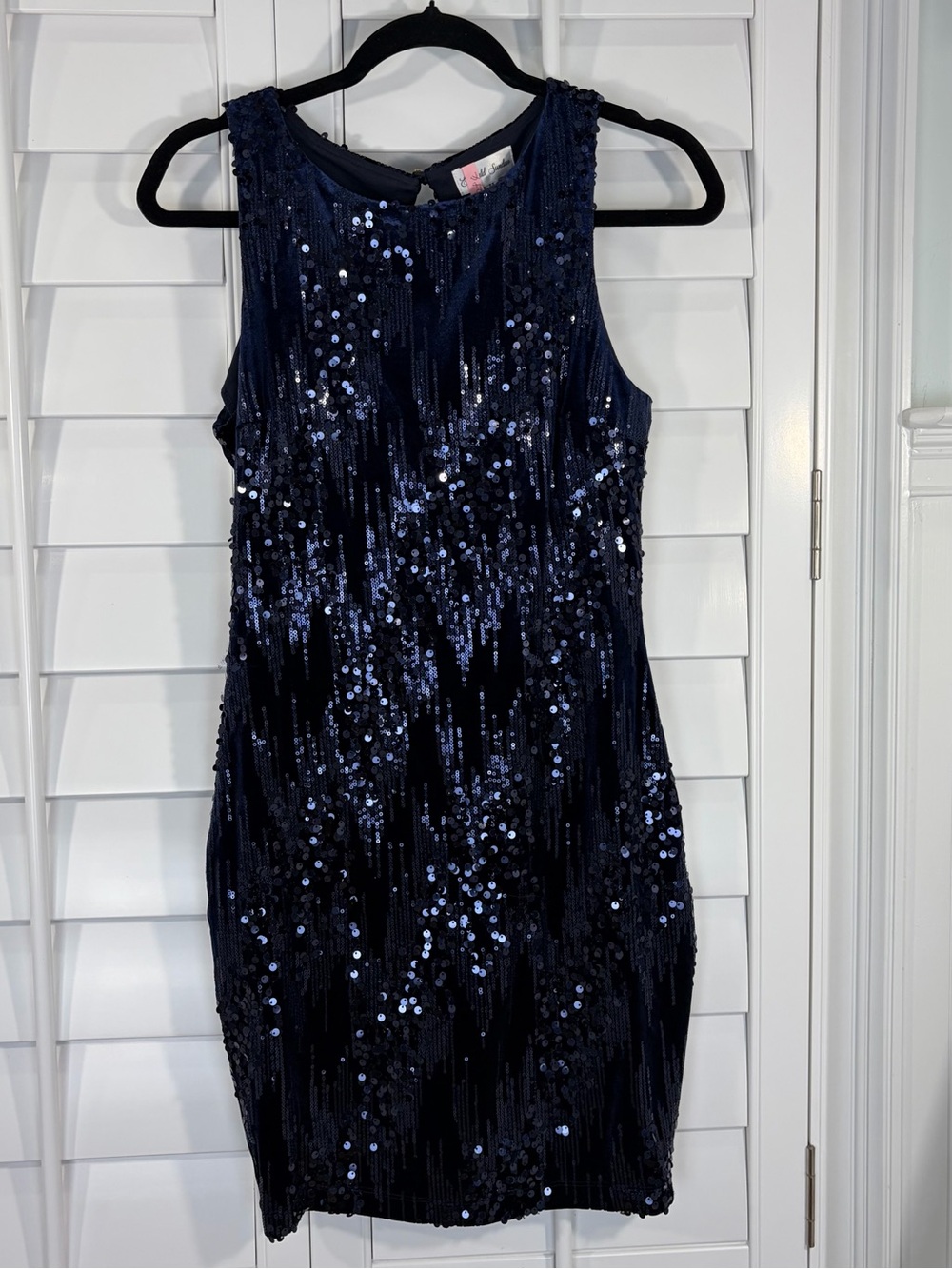 Navy Velvet Sequin Bodycon Sleeveless Sheath Dress (M) - Picture 3 of 12